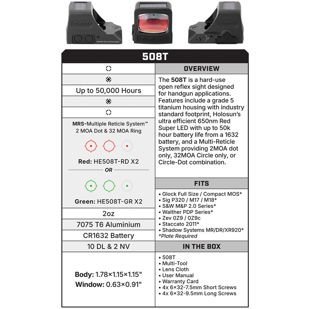 Holosun HE508T-GR-X2 Reflex Sight Green Dot 2MOA and 32MOA Circle