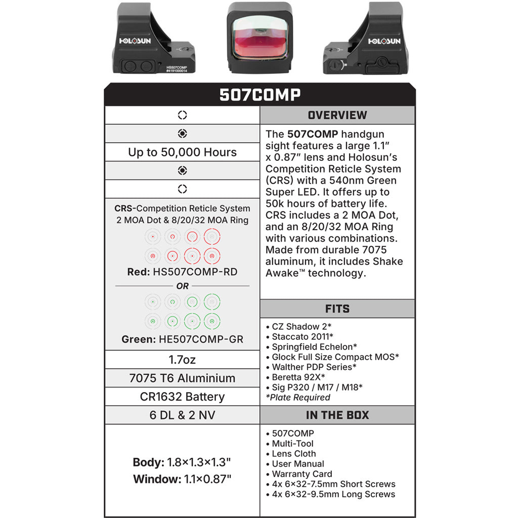 Holosun HS507 Competition Reflex Sight Gold Dot 2MOA and 32MOA Circle