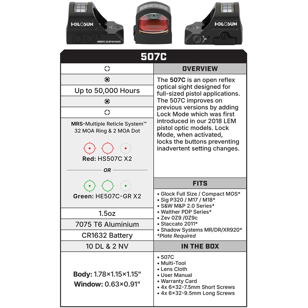 Holosun HS507C-X2 Reflex Sight Red Dot 2MOA and 32MOA Circle