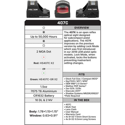 Holosun HS407C-X2 Reflex Sight Red Dot 2MOA