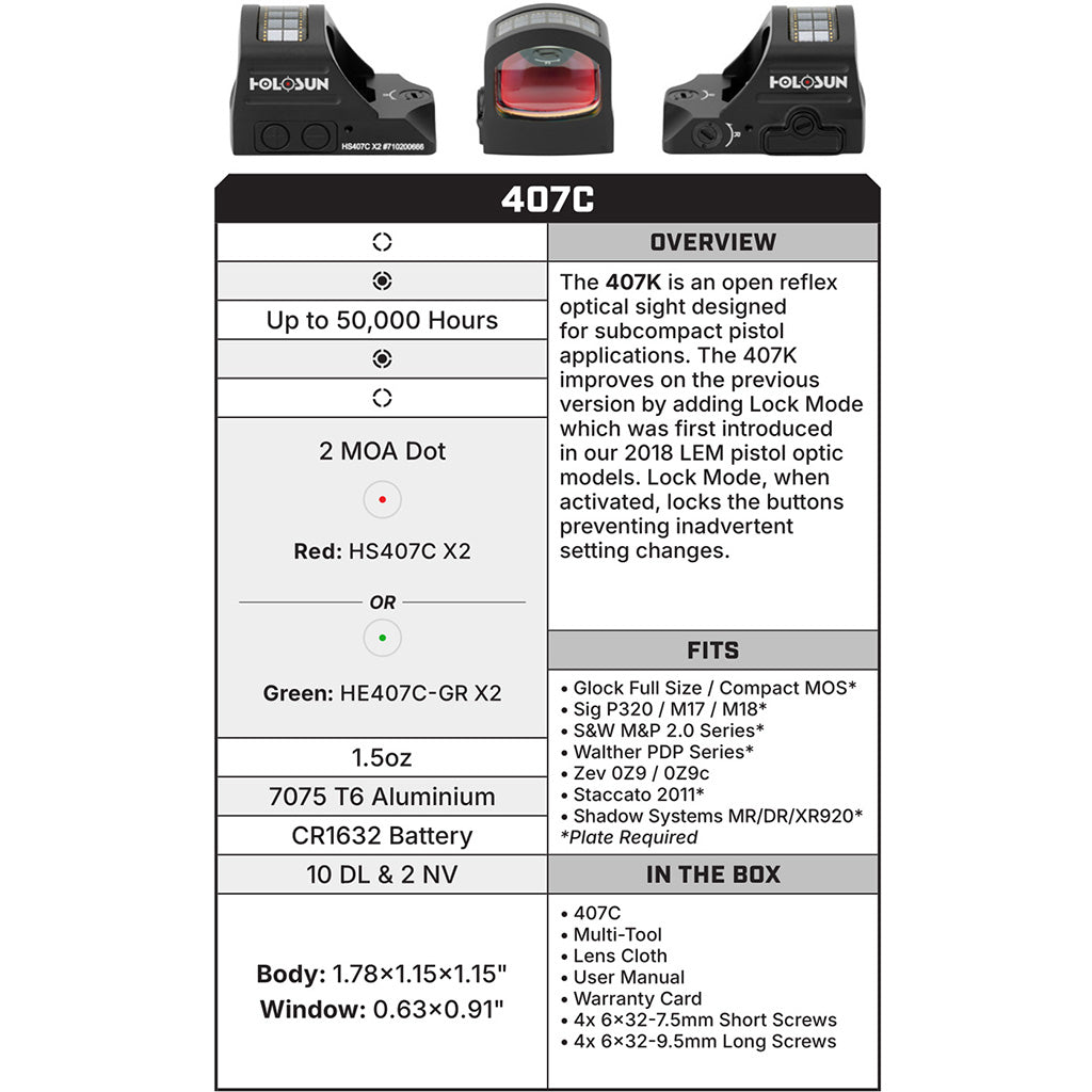 Holosun HE407C-GR-X2 Reflex Sight Green Dot 2MOA