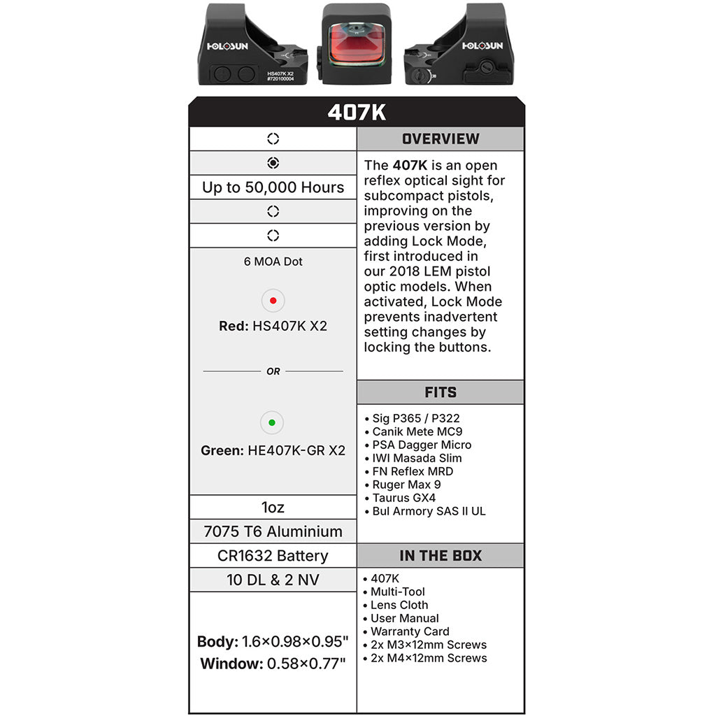 Holosun HE407K-GR-X2 Reflex Sight Green Dot 6MOA
